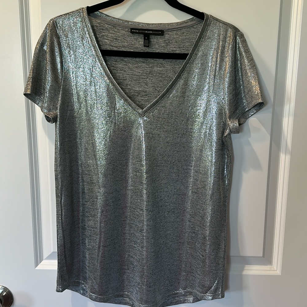 White House Black Market Silver V-neck Tee. Small